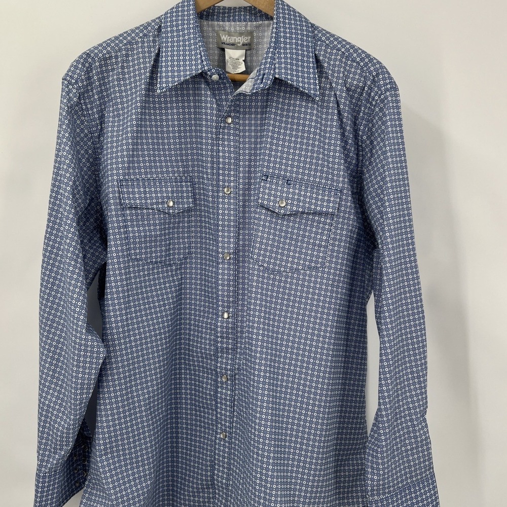 Wrangler Wrancher Mens XXL Blue Geometric Pearl Snap Western Shirt EUC